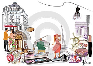 Border from Paris illustrations with fashion girls, make-up, cafes. photo